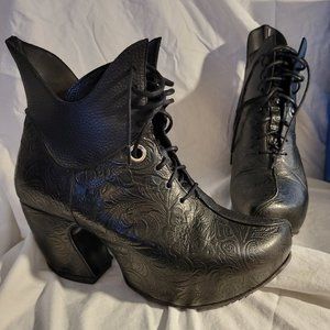 Mask Platform Lace-Up Ankle Boot, Black Emboss